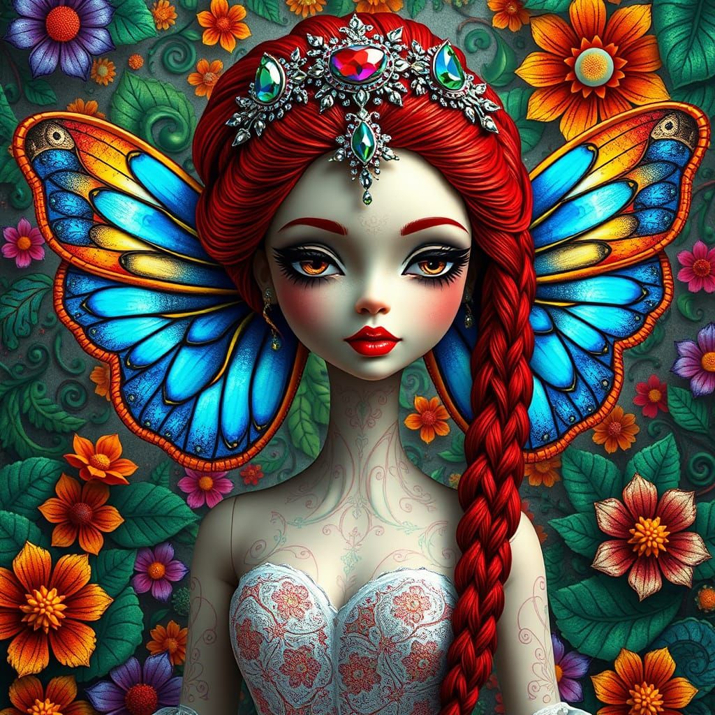 Mystical Doll Goddess with Vibrant Wings and Jewel-Encrusted...
