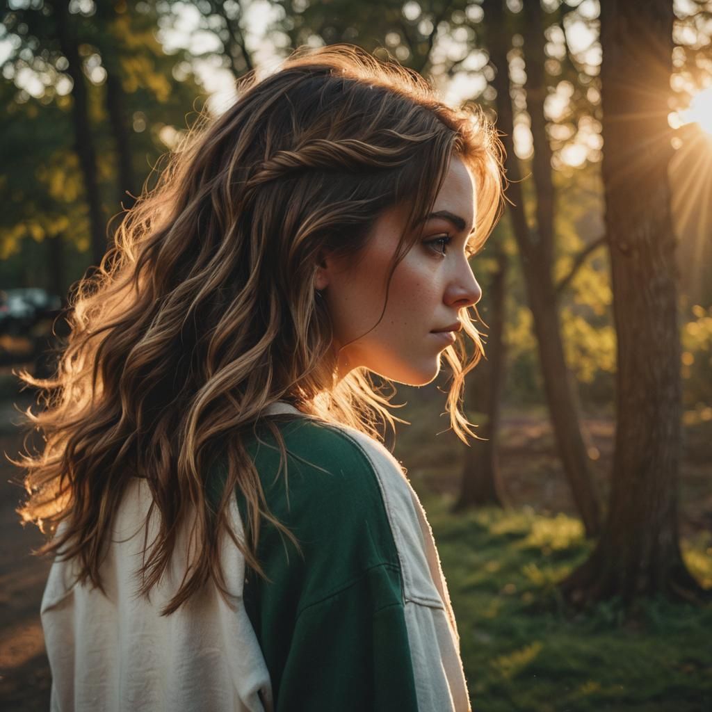 Girl Watching Sunset in Cinematic Film Still
