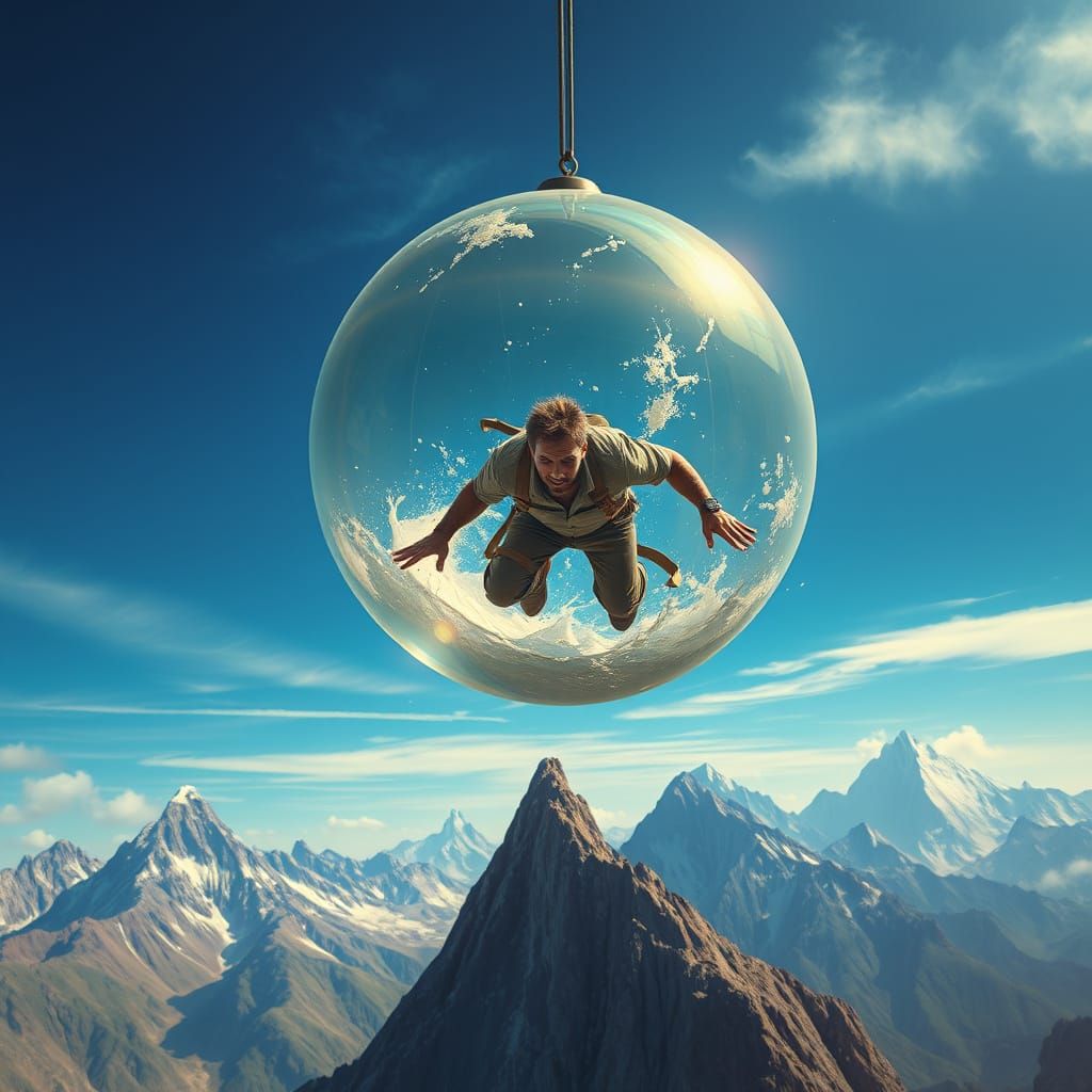 Man in Balloon Over Snowy Mountains