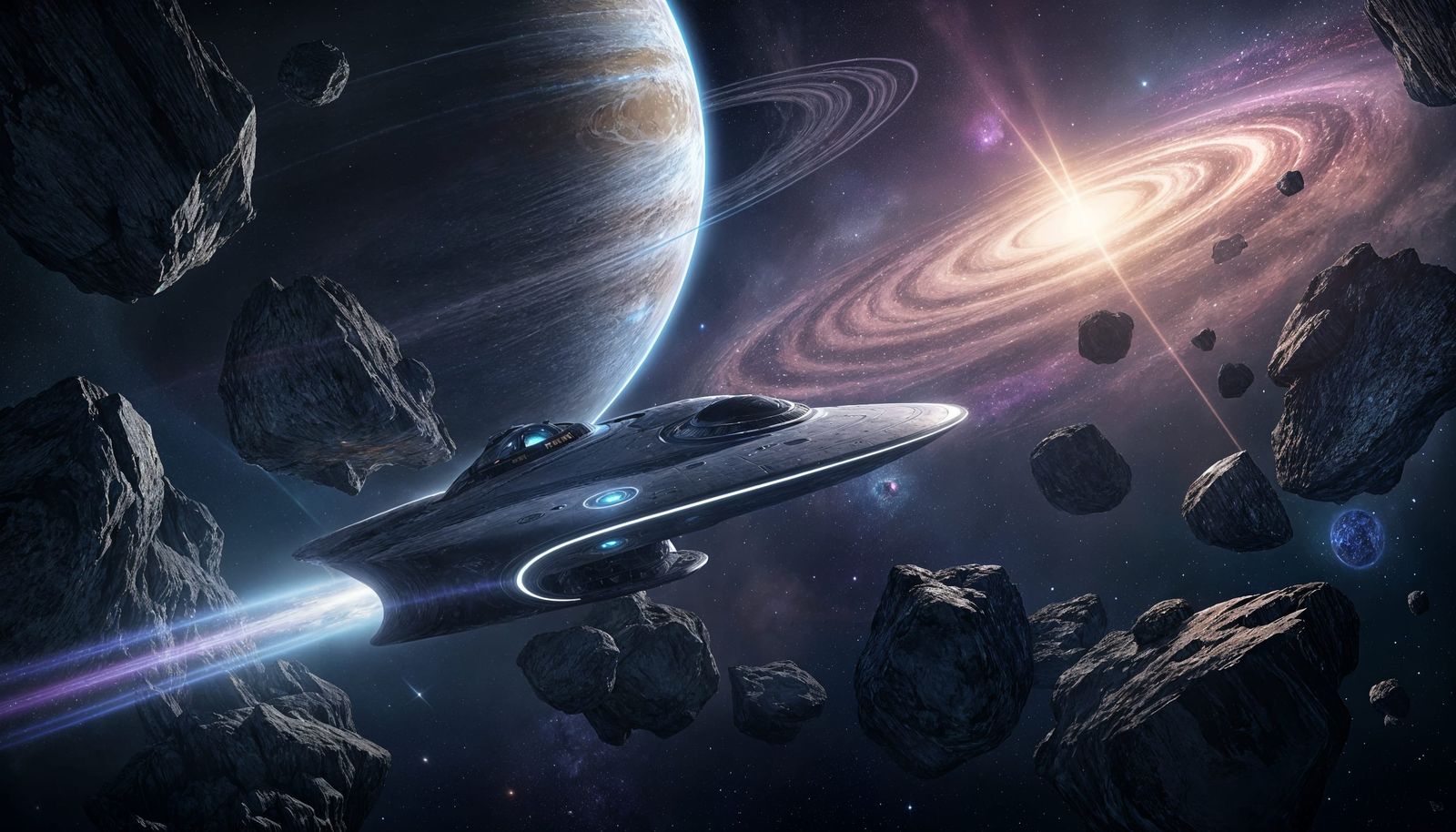 Starship Gliding Through Crystal Asteroid Field