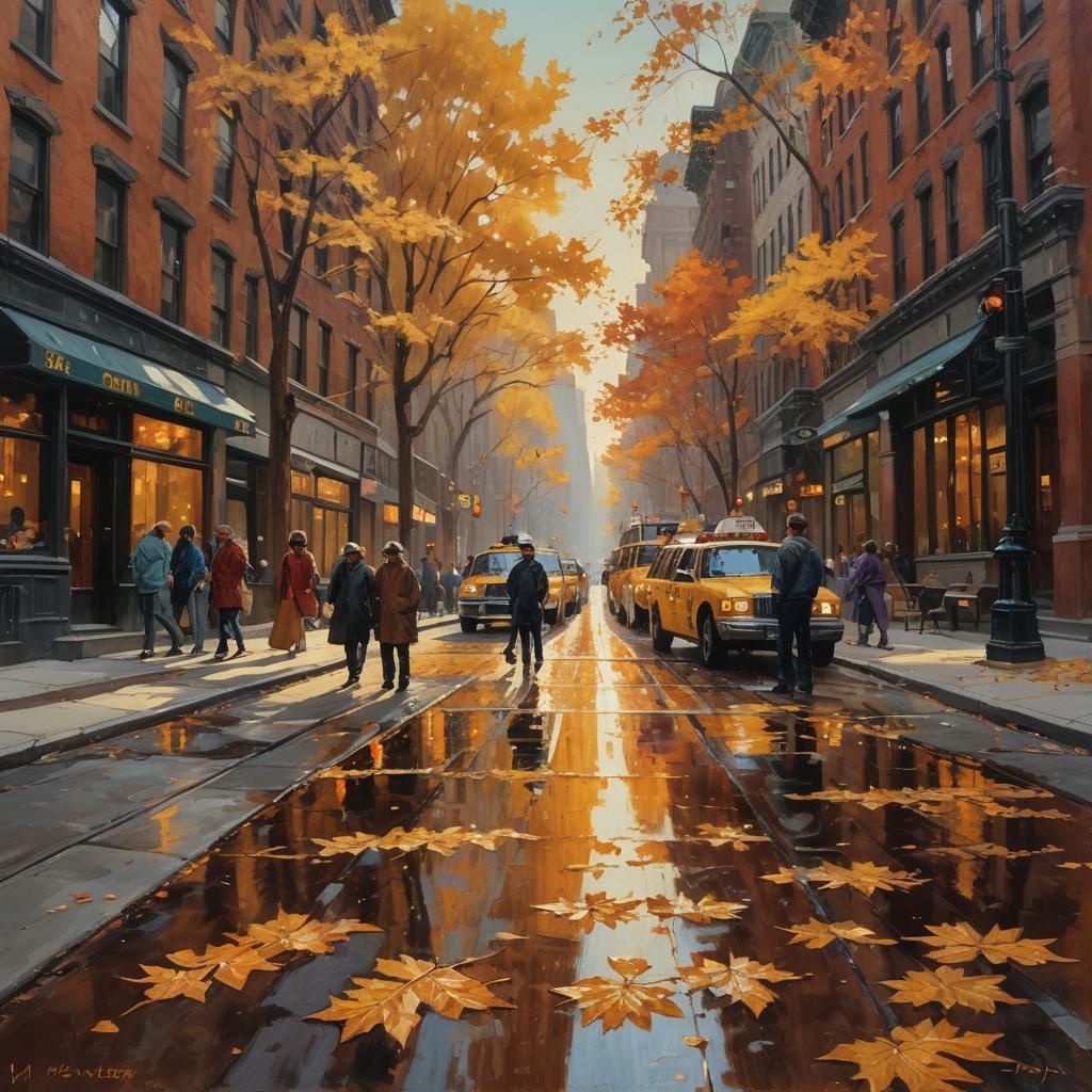 New York City Autumn: Luminous Oil Painting