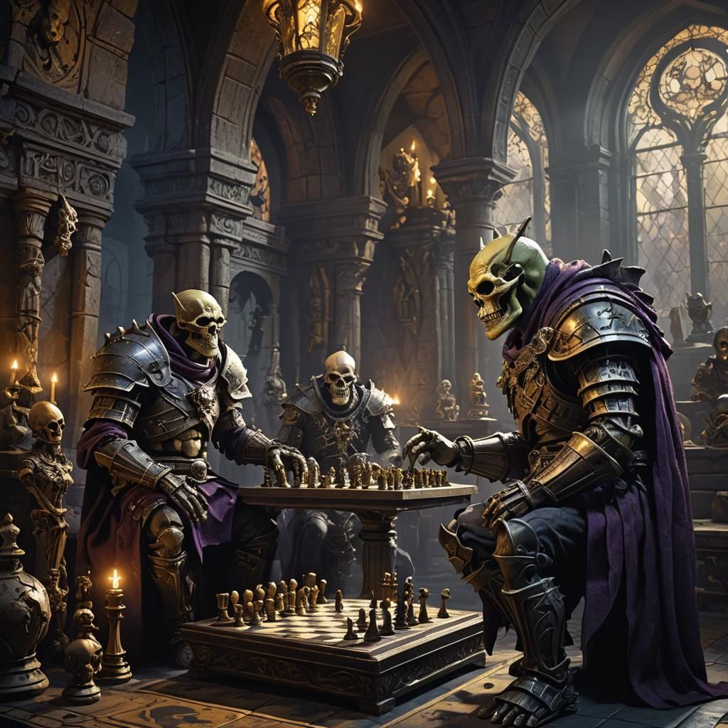 Orc and Skeleton Chess Game in Dark Fantasy Style