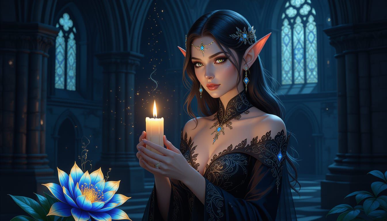 Elf Woman in Dark Gown with Candle in Cathedral