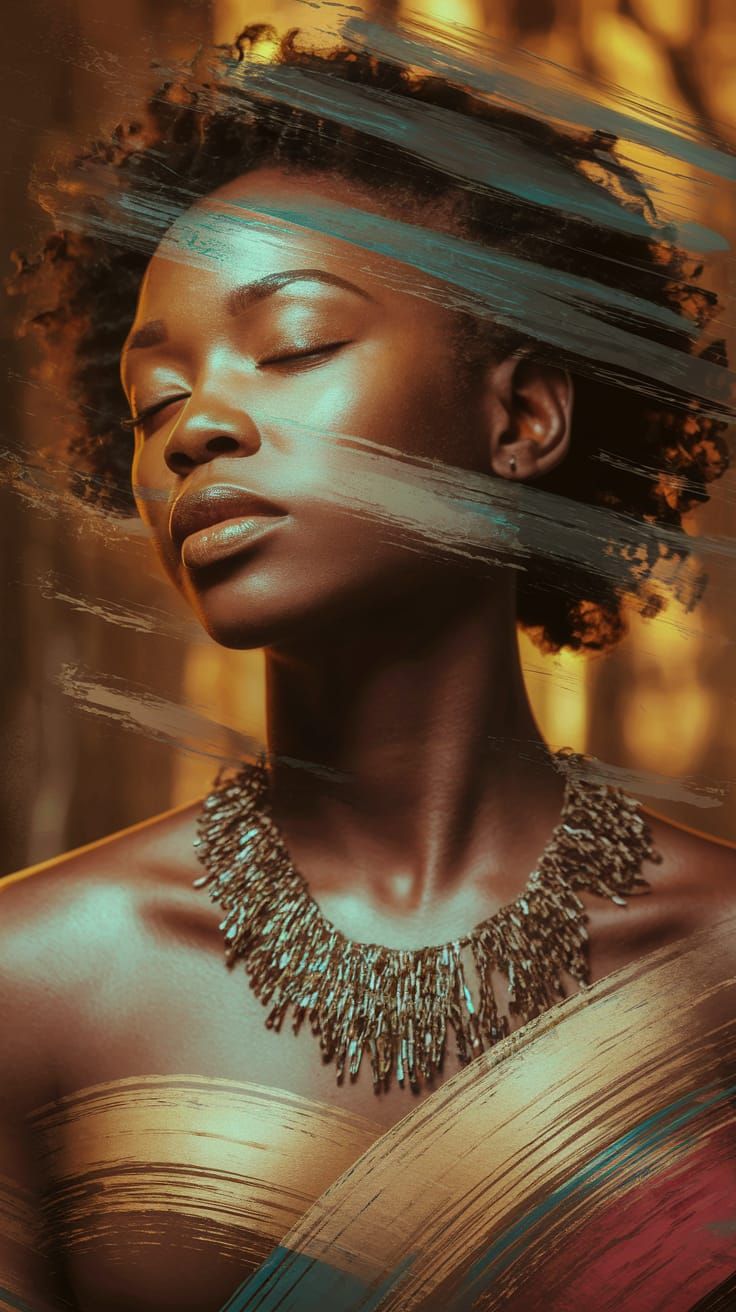 Contemplative African Woman Portrait with Mixed Media Textur...