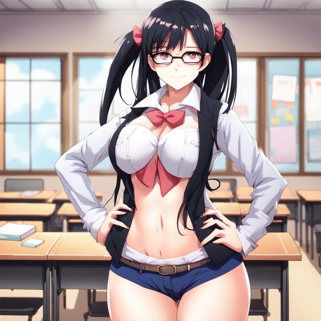 Anime Teacher with Twintails in Classroom