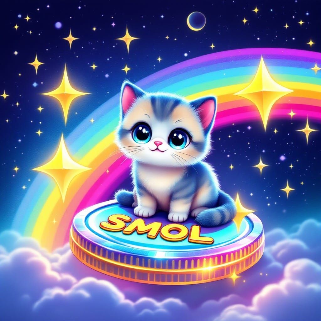 Whimsical Cat in Space on a Shiny Rainbow Coin