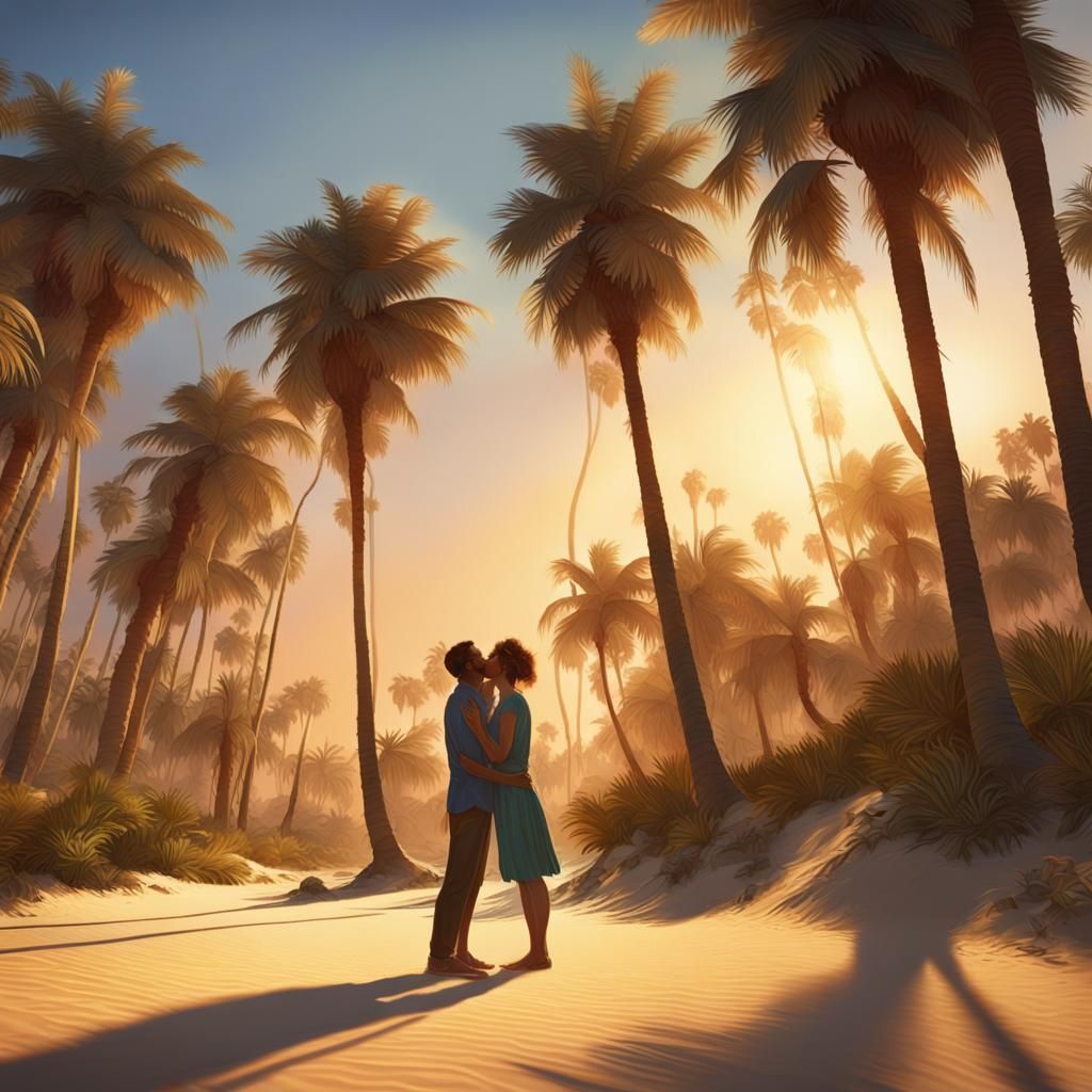 Romantic Kiss Under Palm Trees: An Oil Painting