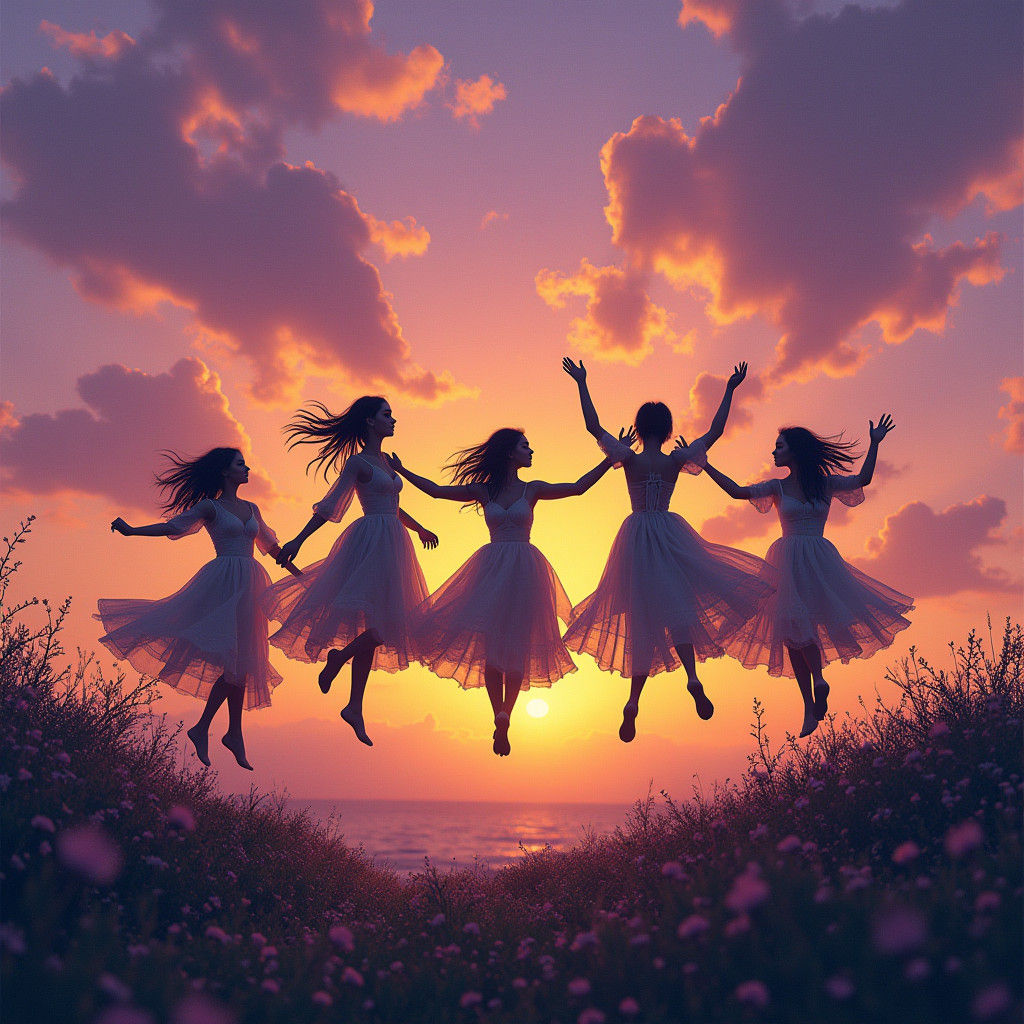 Mystical Friends Skipping Under Ombre Sky