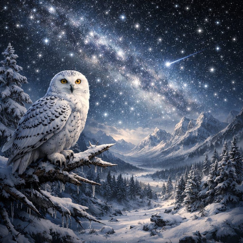Snowy Owl on Branch Under Starry Sky, Digital Matte Painting