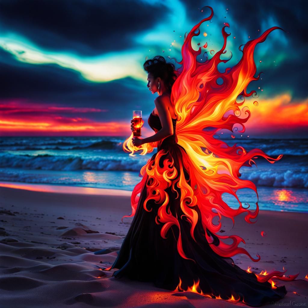 Goth Fairy on Fire Beach: Surreal Alcohol Ink Art