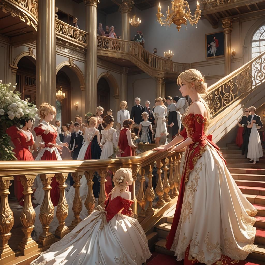 Anime Women in Red and White Gowns, 3D Art