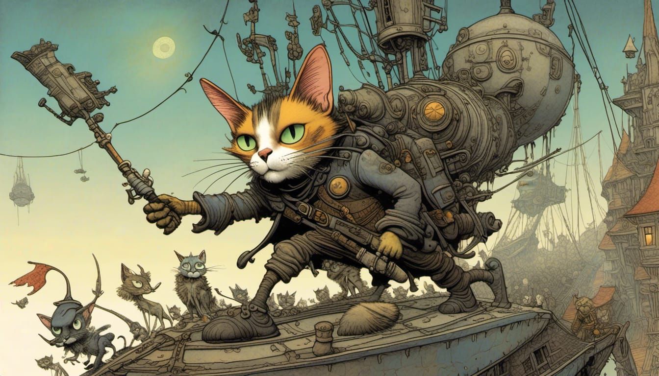 Mercenary Cat Enters Spaceship in Gothic Art Style