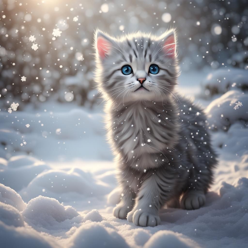 Adorable Kitten in Snow: 3D Render