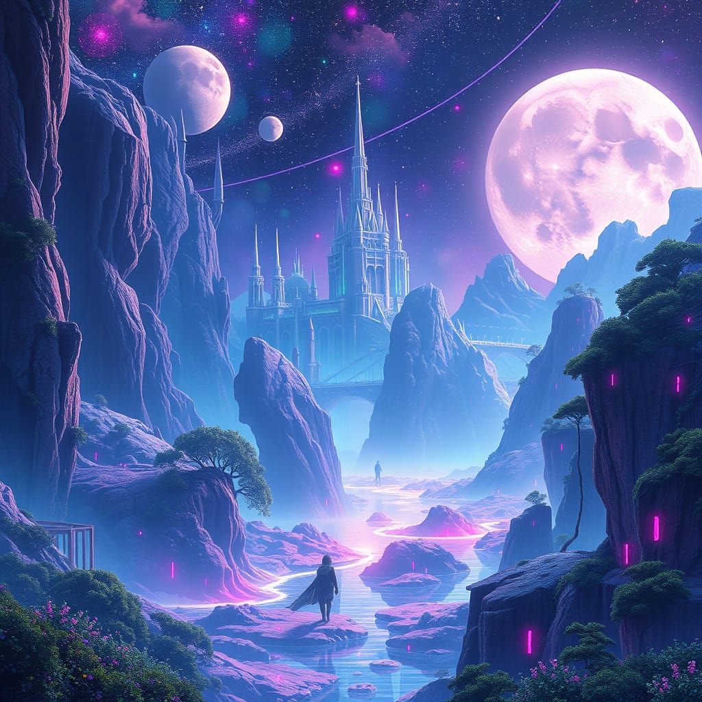 Holographic Vaporwave Glitch aetherpunk dieselpunk fairycore fantastical intricate mysterious landscape