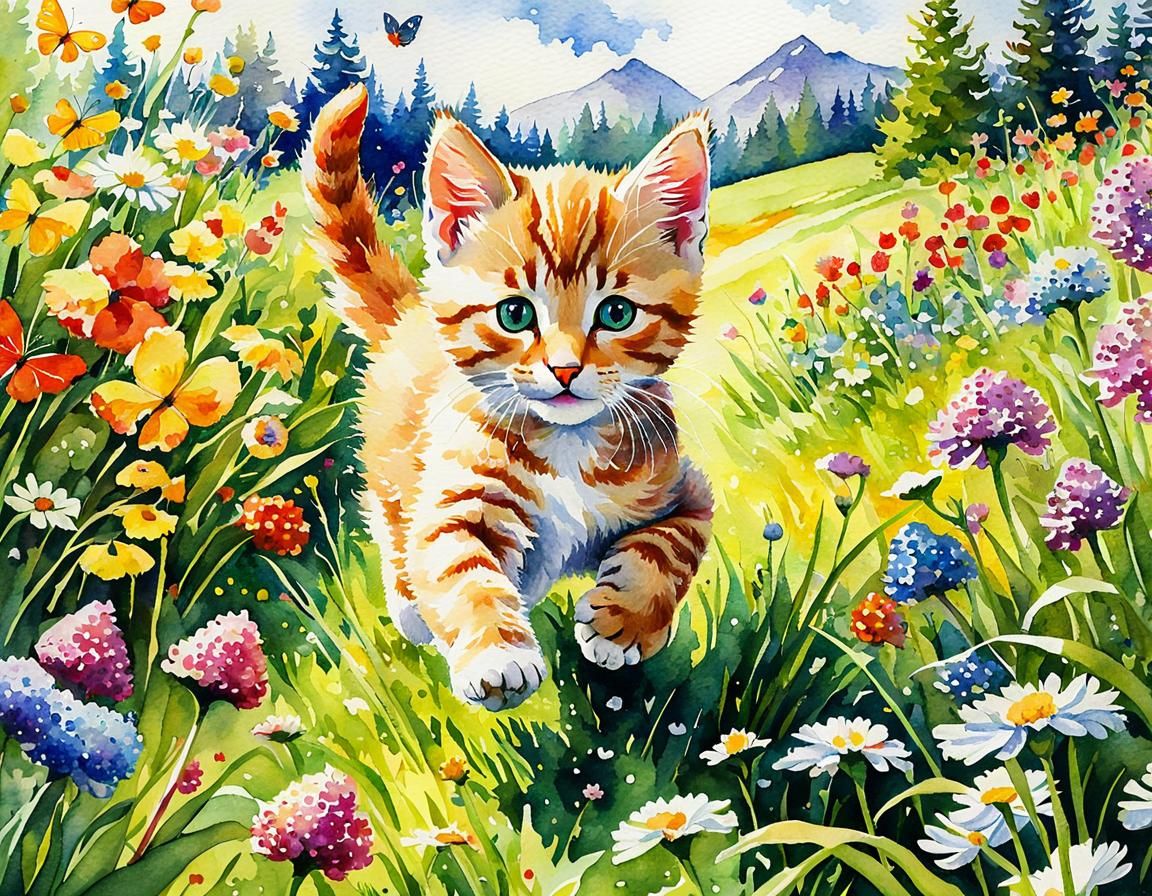 Kitten Runs Through Meadow in Pointillism Style
