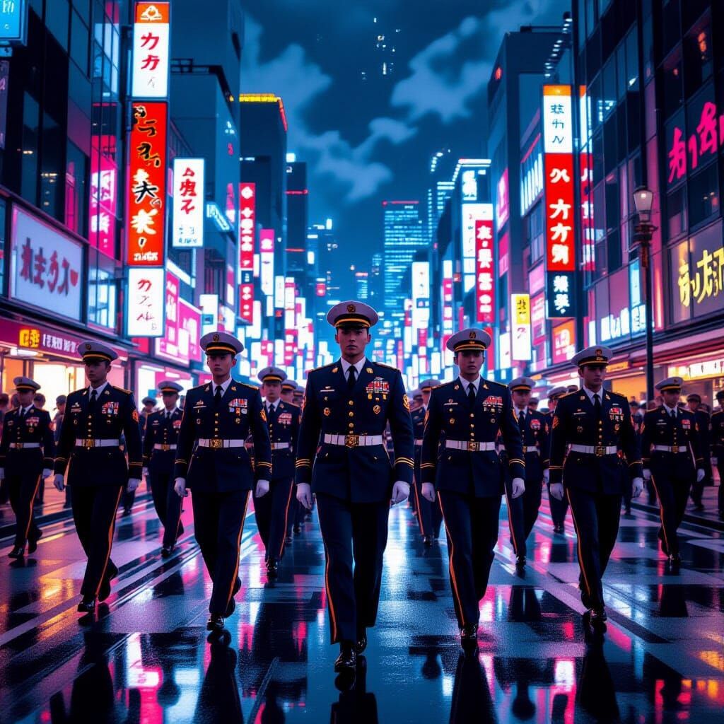 Futuristic Japanese Military Parade in Cyberpunk Style