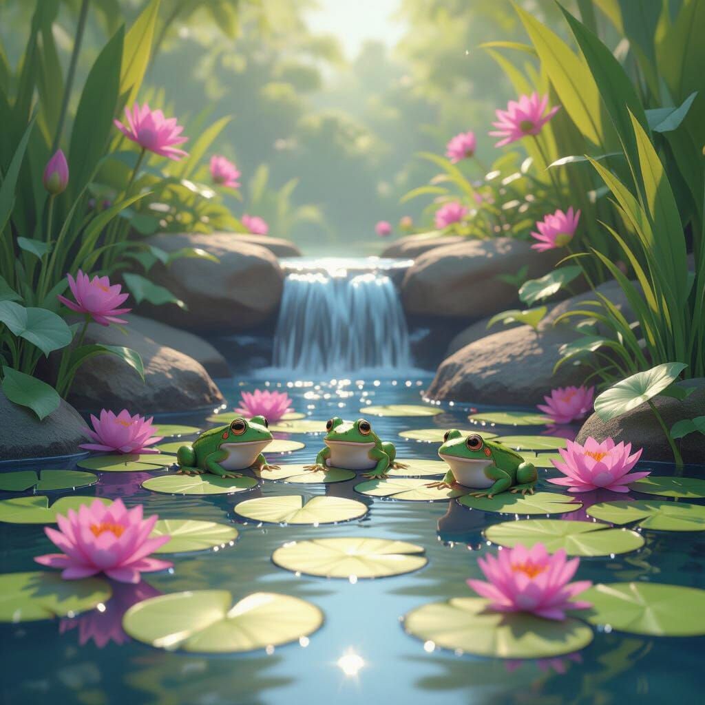 Tranquil Pond with Lily Pads, Frogs, and Waterfall in 3D Ani...