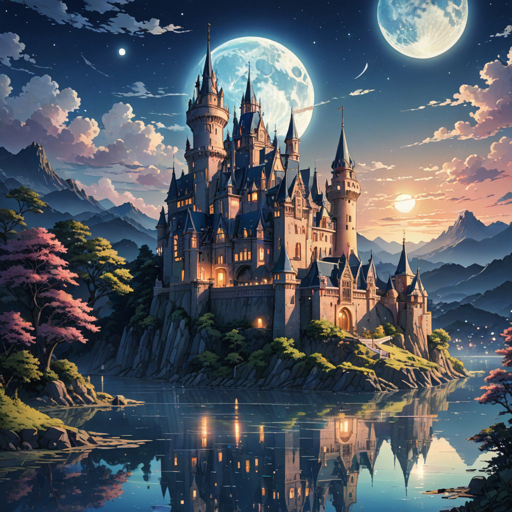 Mystical Castle Under Distant Blue Moonlit Skies in Vibrant....