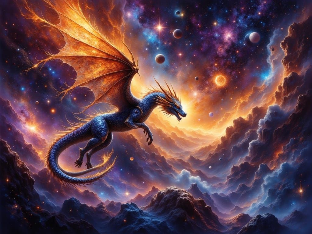 Cosmic Dragon Soaring Through Nebula in Epic Fantasy Art
