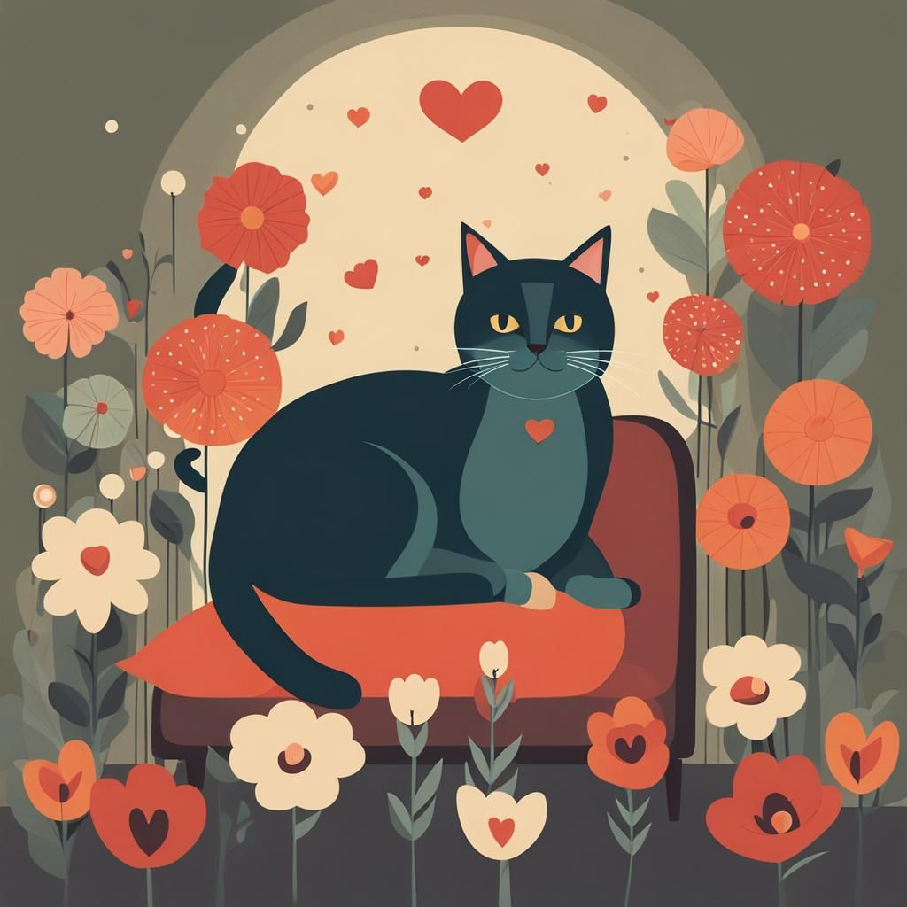 Cute Cat Surrounded by Flowers in Digital Illustration