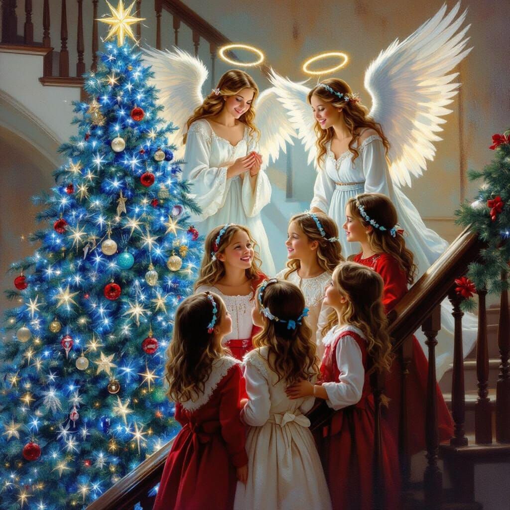 Five Sisters Admire Blue Lights on Christmas Tree with Angel...