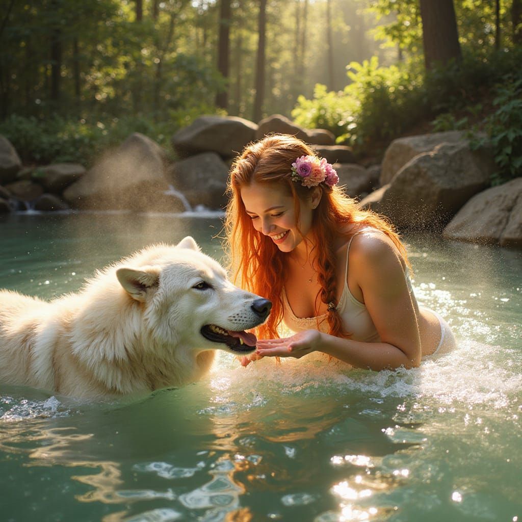 Fantasy Goddess Heals Her Loyal Wolf in a Sunlit Oasis