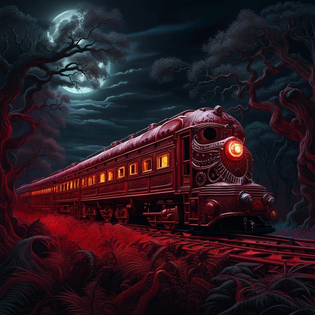 Skull-Faced Ghost Train in Eerie Swamp: Hyperdetailed Photor...