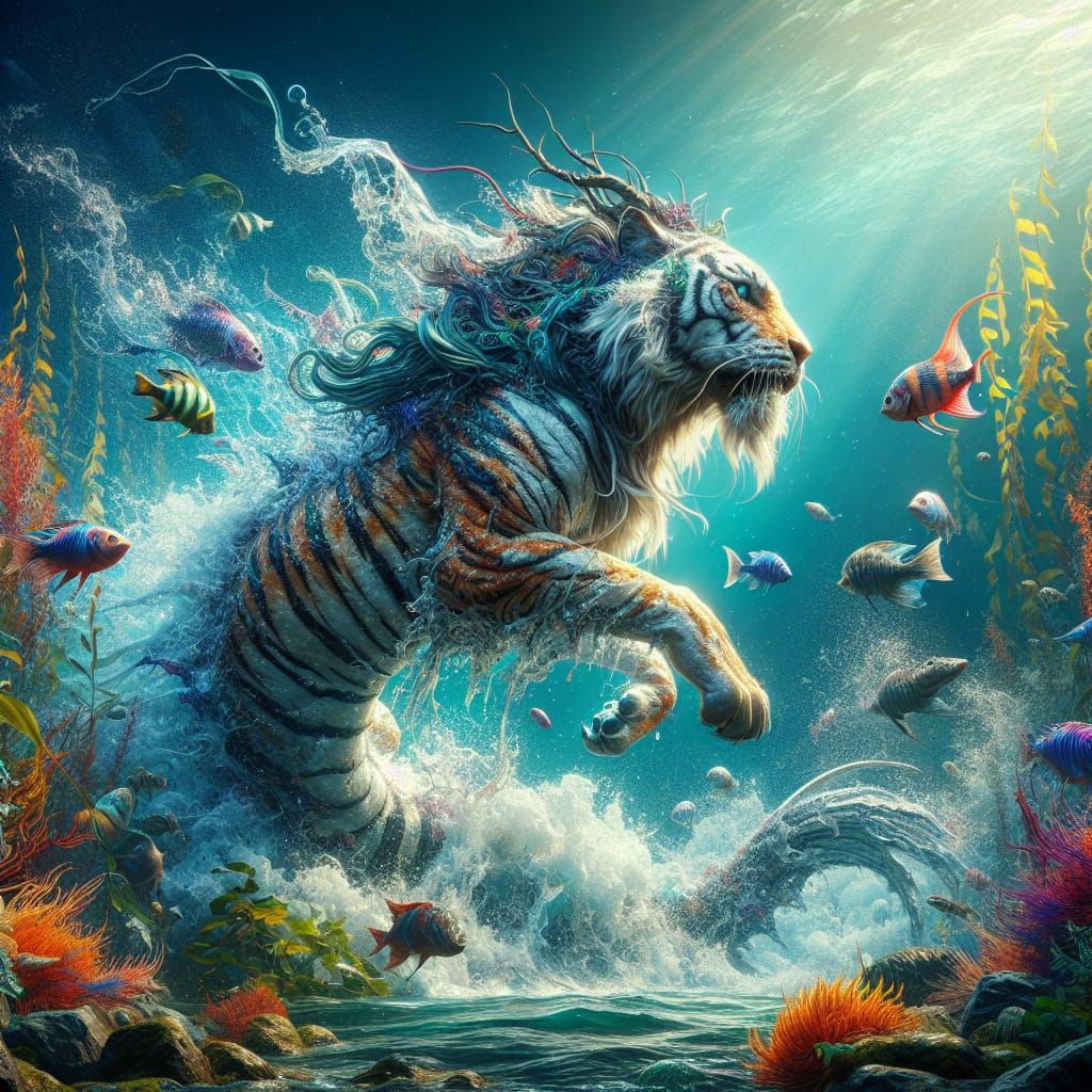 Hyperrealistic Tiger Mermaid in Ocean Scene