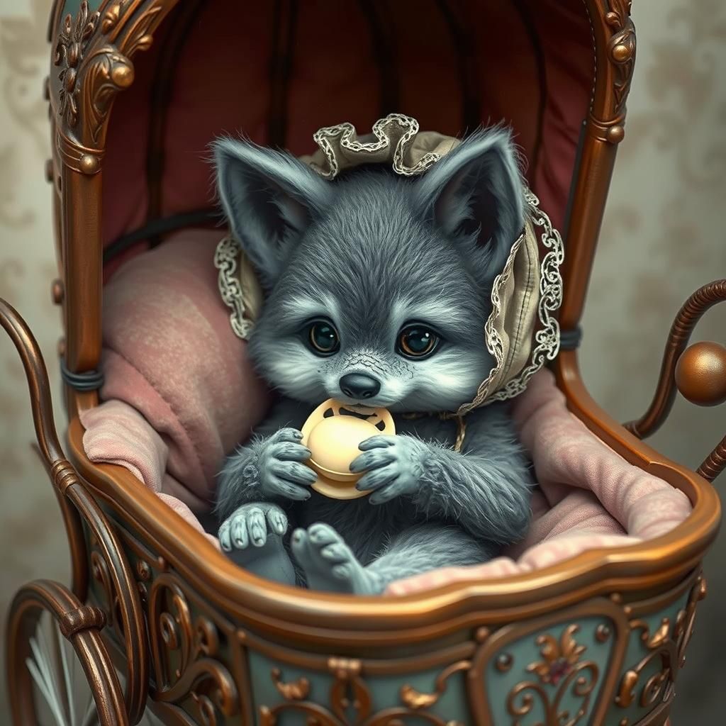 Adorable Werewolf Baby in Pram, Whimsical Illustration