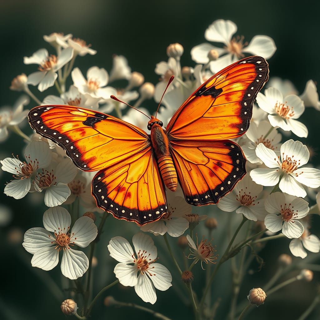 Orange Butterfly Among White Flowers, Art Nouveau Style