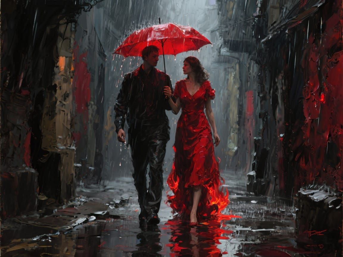 fire red rain film noir alley ridiculously thick impasto ric...