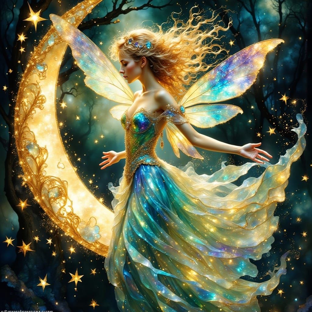 Whimsical Fairy Soars Past the Crescent Moon