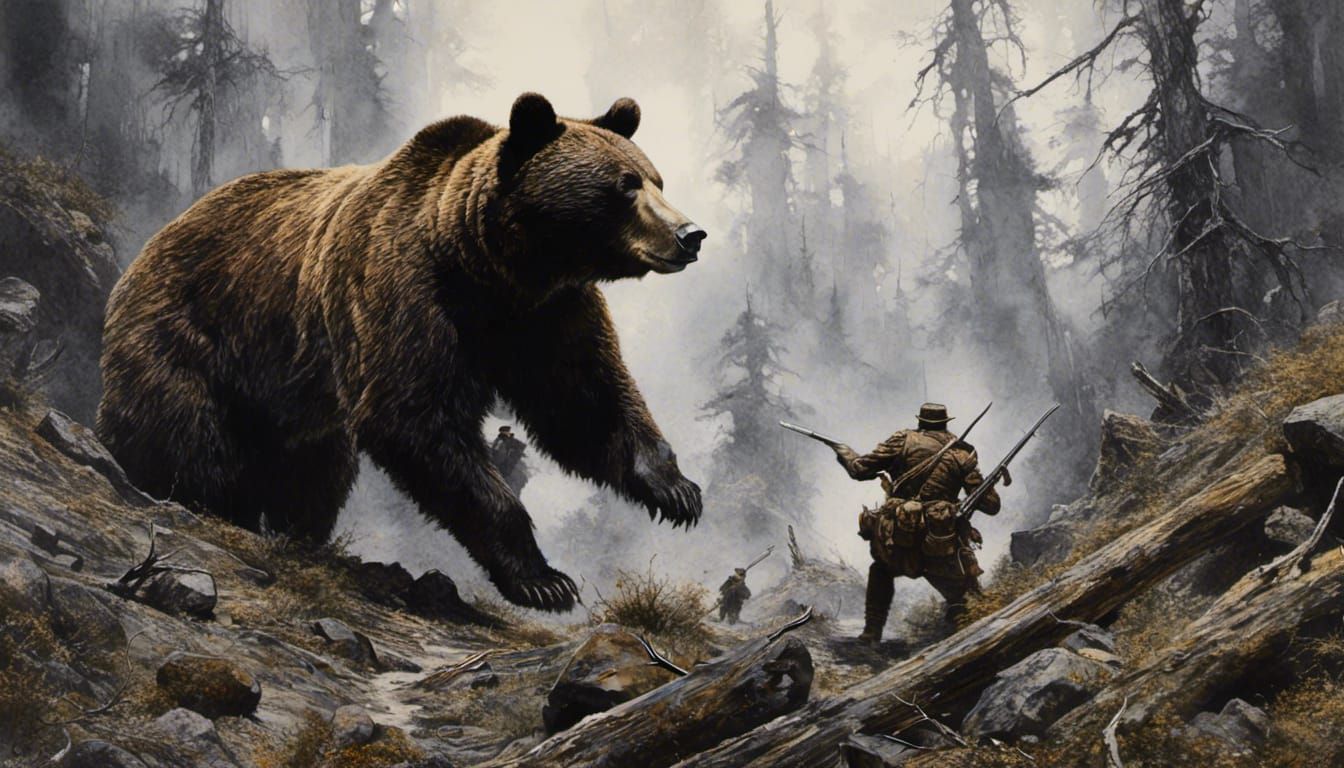 Bear Mercenary Stalking Enemy in Fantasy Landscape