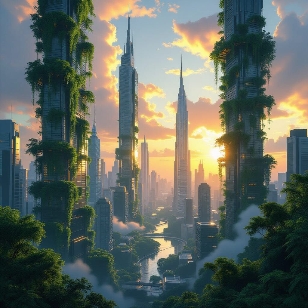 Futuristic Cityscape with Lush Overgrowth at Sunset