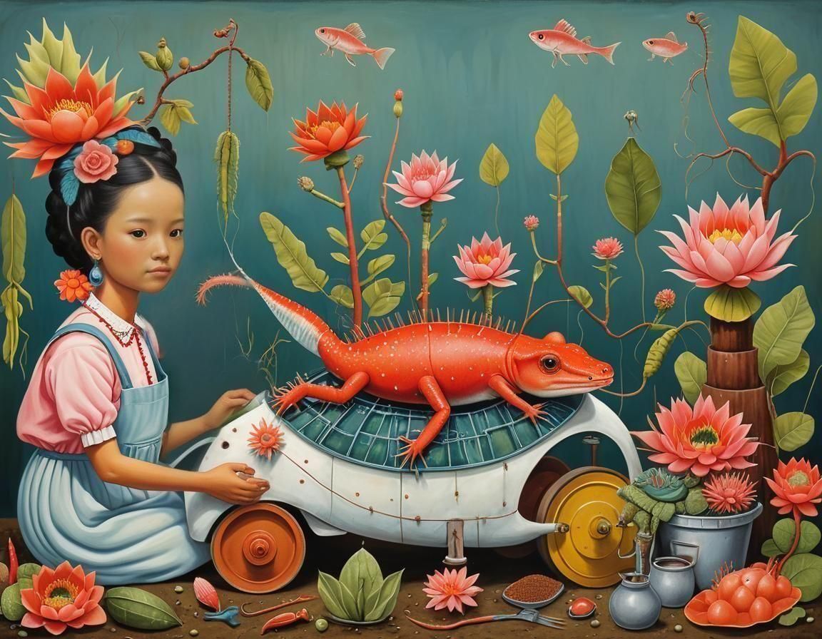 Axolotl Worker in Nostalgic Factory, Magical Realism