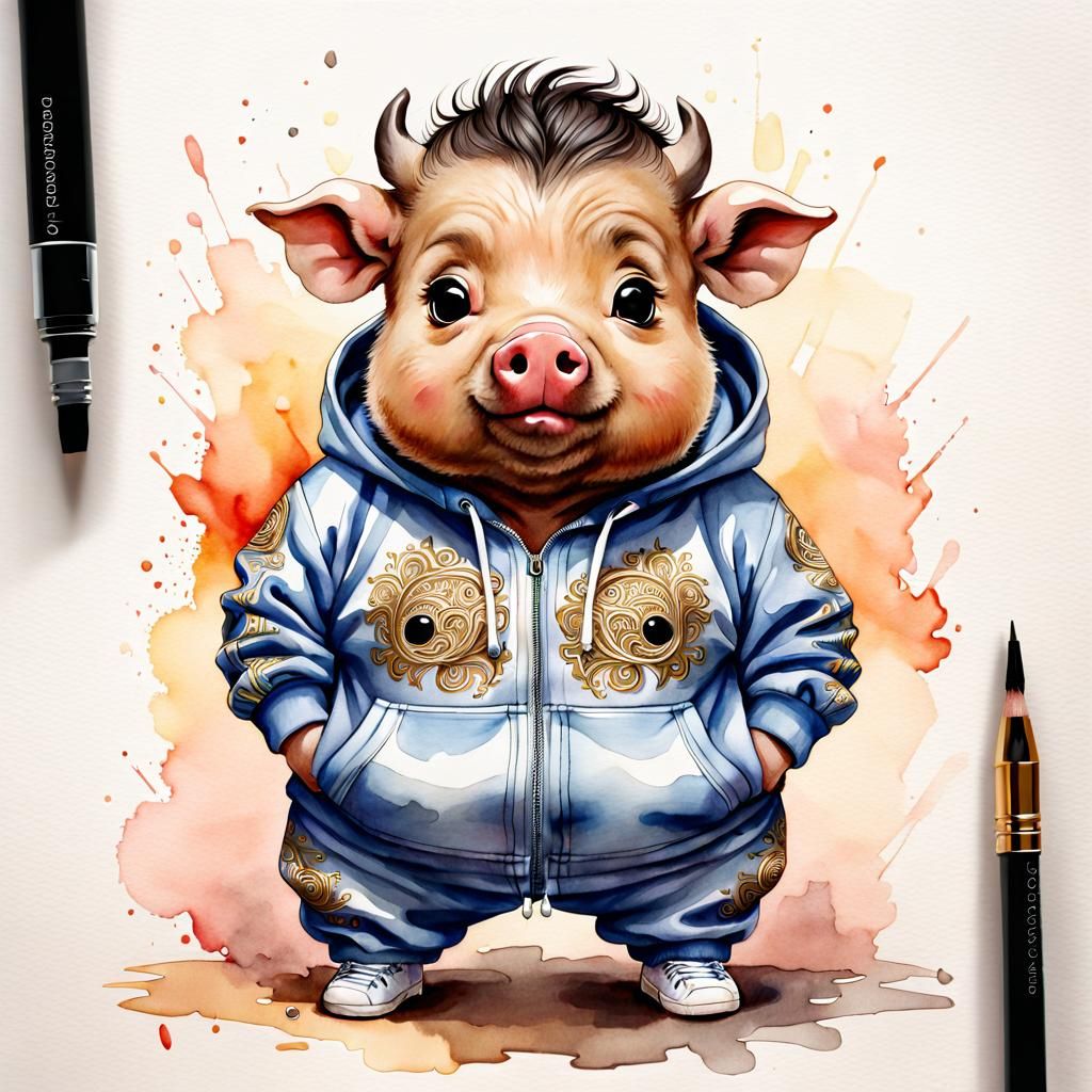 Streetwear Boar, chibi style, watercolour
