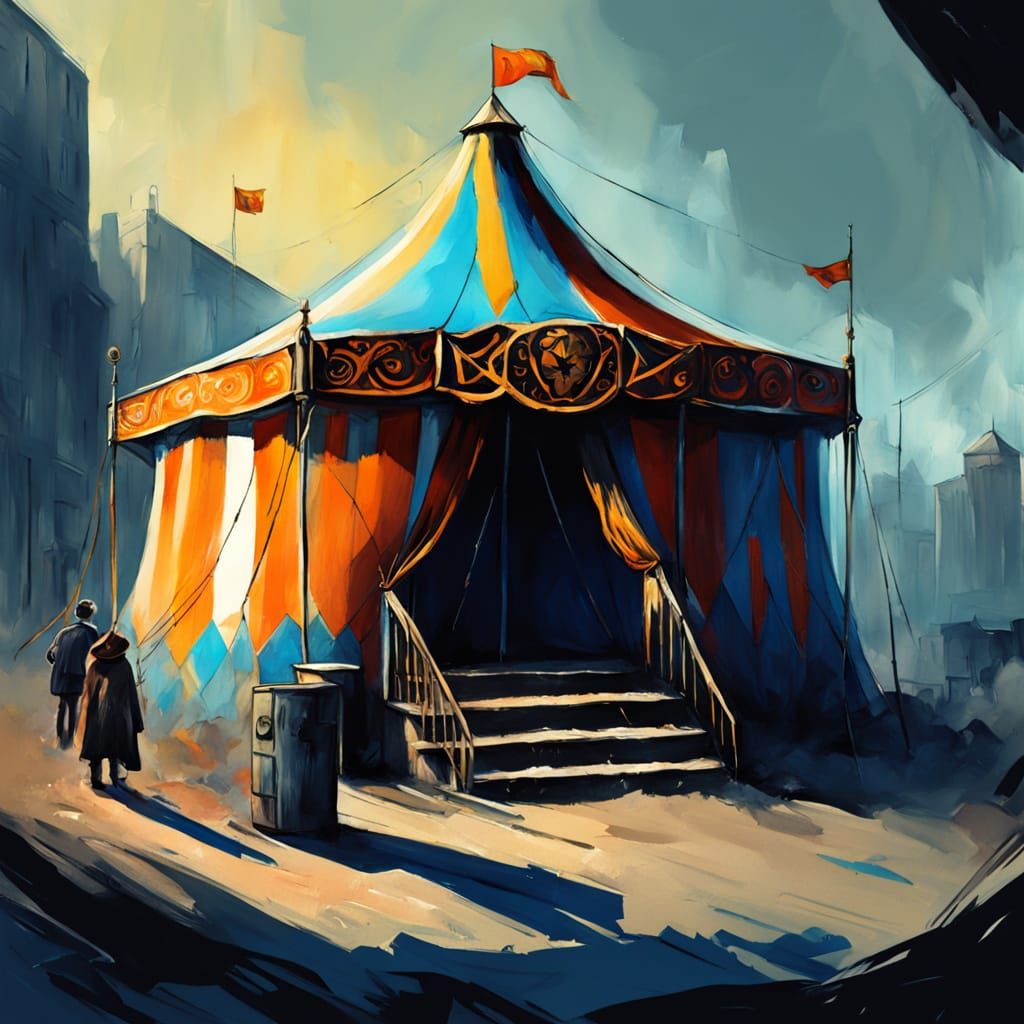 Impressionist Circus Tent Charcoal Drawing in Gouache Style