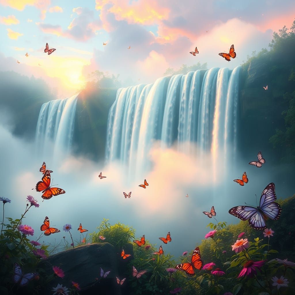 Waterfall in Ethereal Dawn with Rainbow and Butterflies