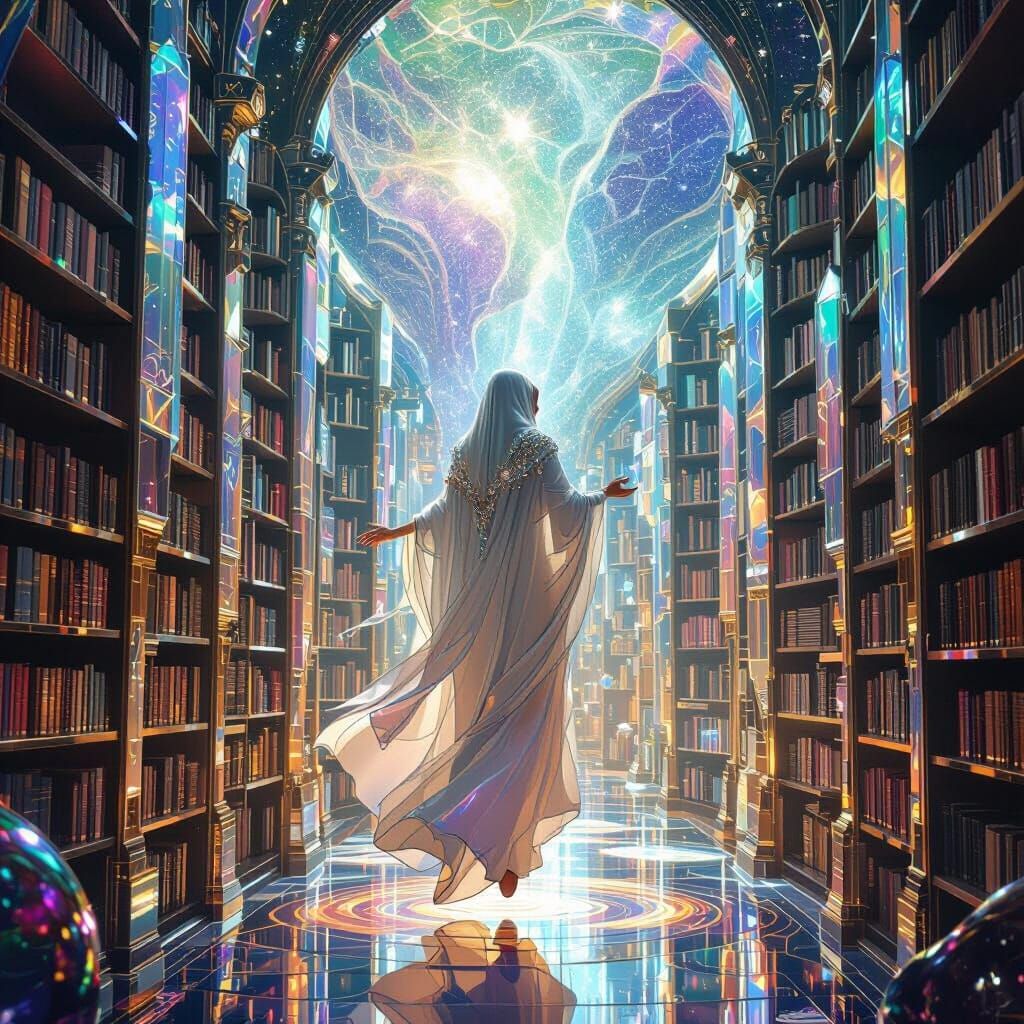 Celestial Librarian in Nebula, Art Nouveau Style