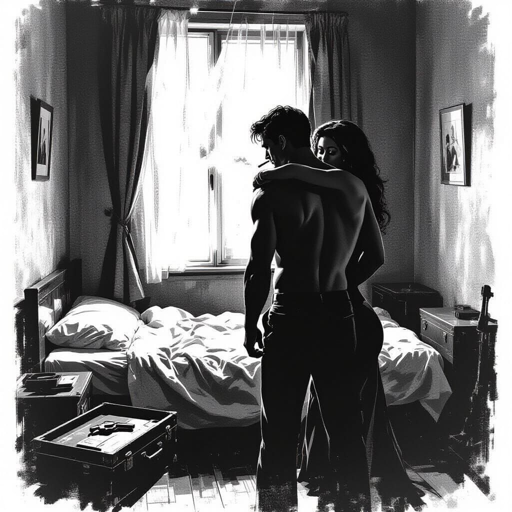 Film Noir Detective Scene in Pointillist Style