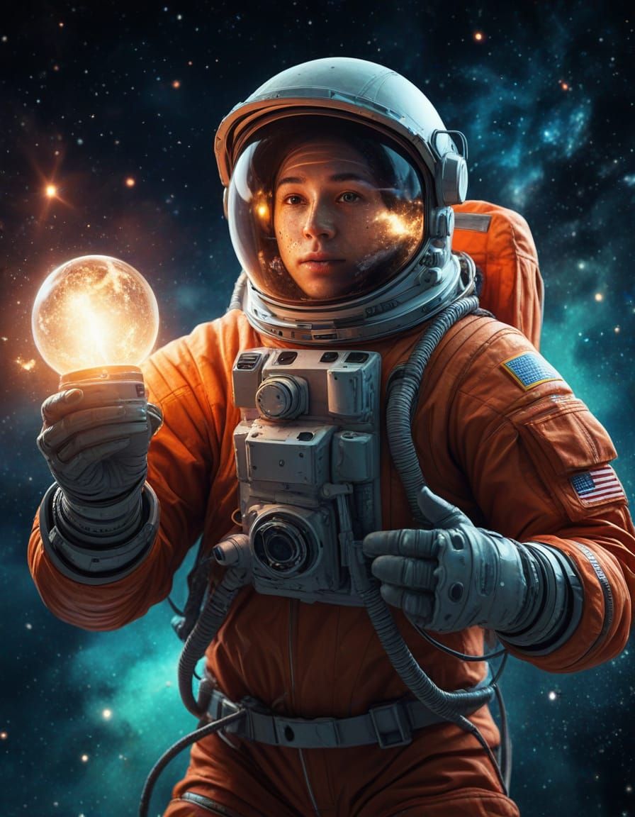 Astronaut with Glowing Lantern in Cosmic Nebula