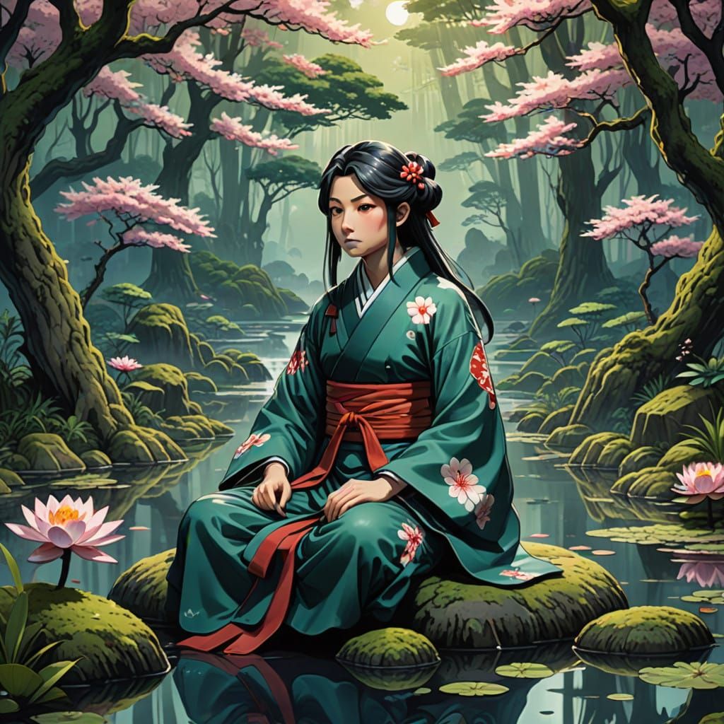 Mysterious Female Kappa Yokai in Traditional Japanese Attire