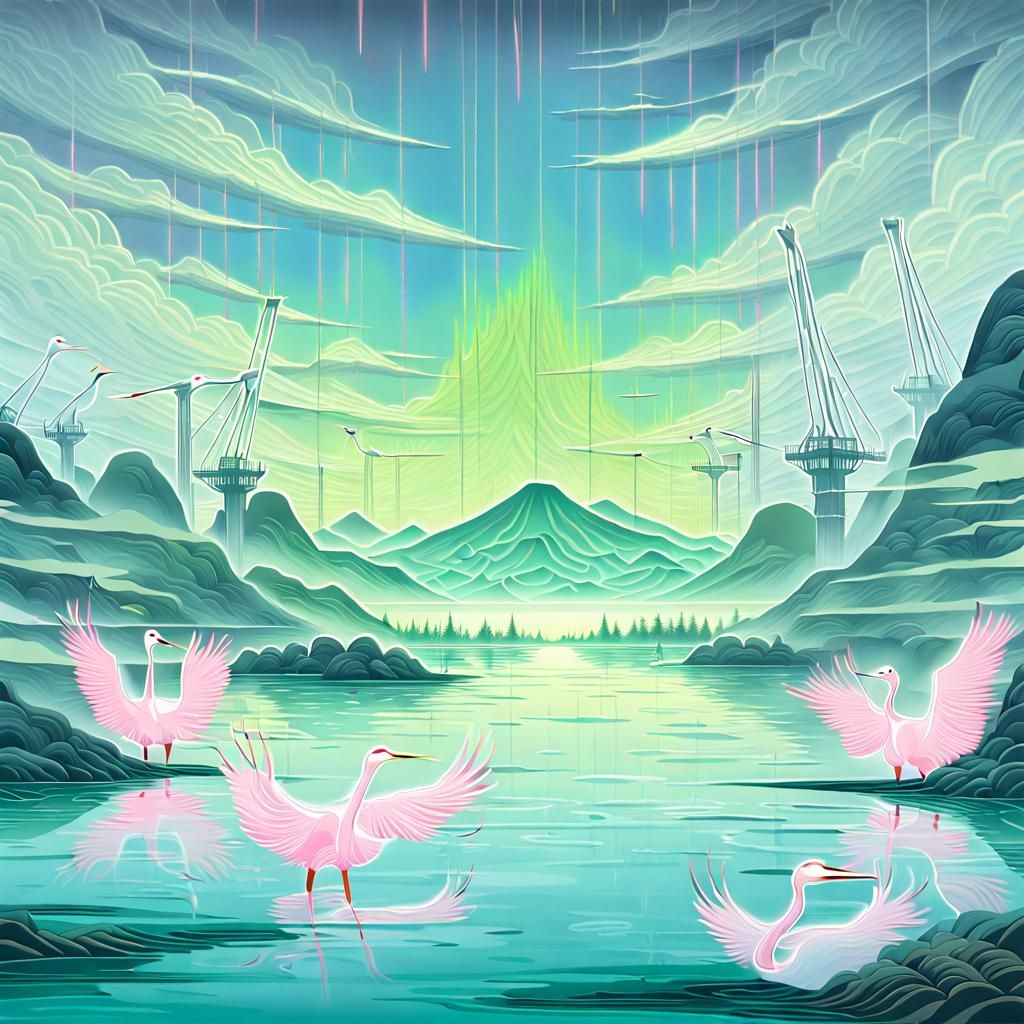 Majestic Cranes in Ukiyo-e Japanese Landscape