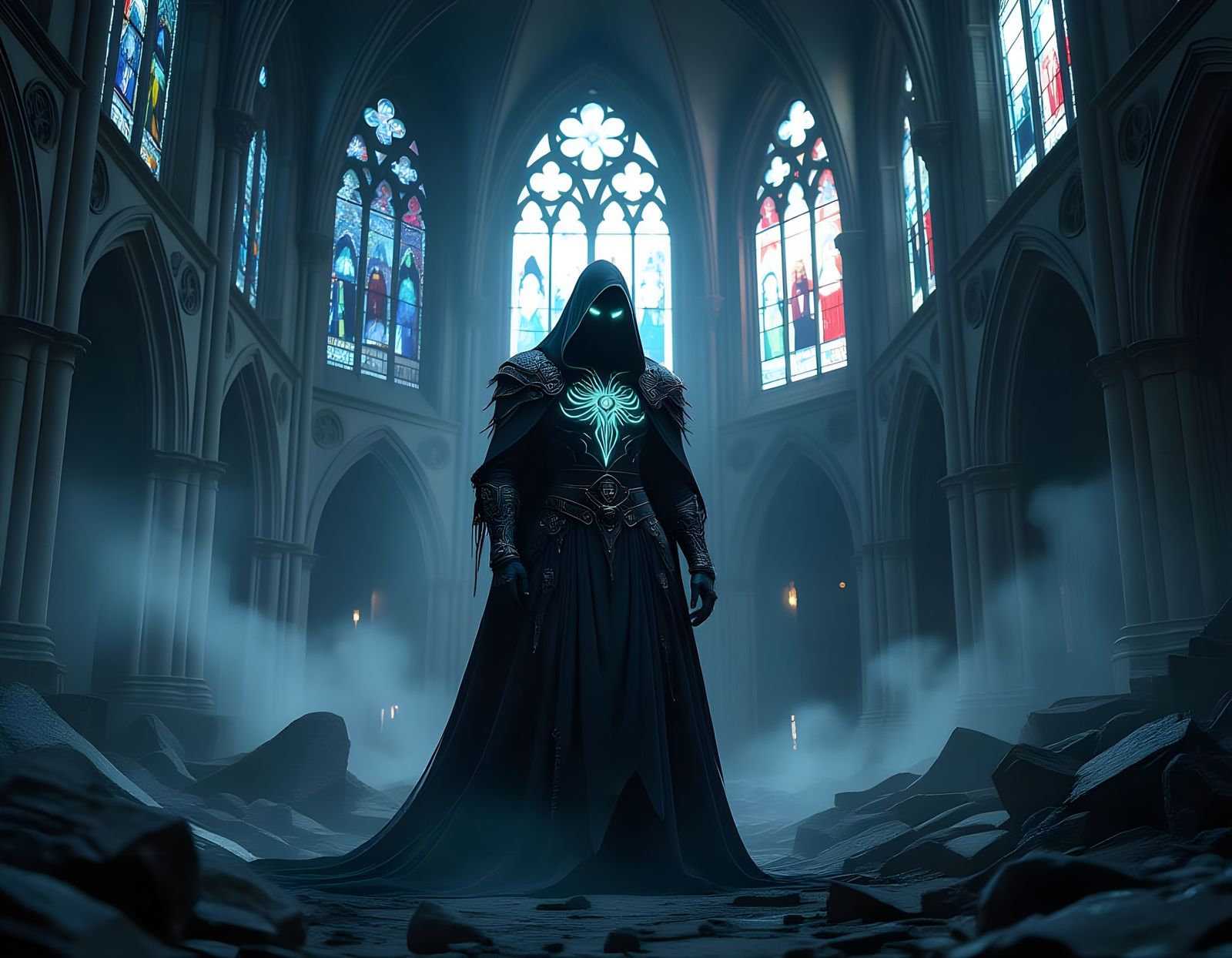 Spectral Figure in Gothic Cathedral, Ethereal Beauty