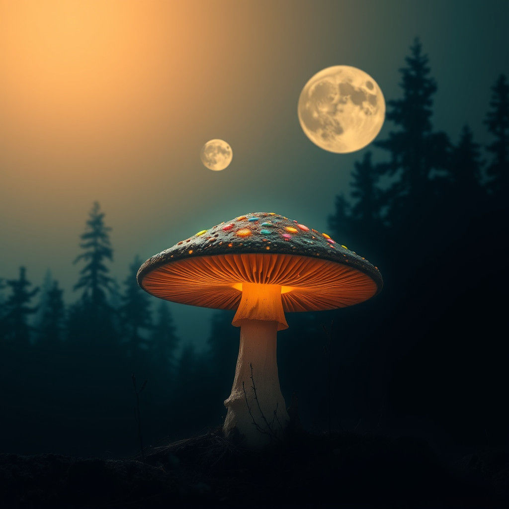 Glowing Mushroom in Dark Forest with Three Moons