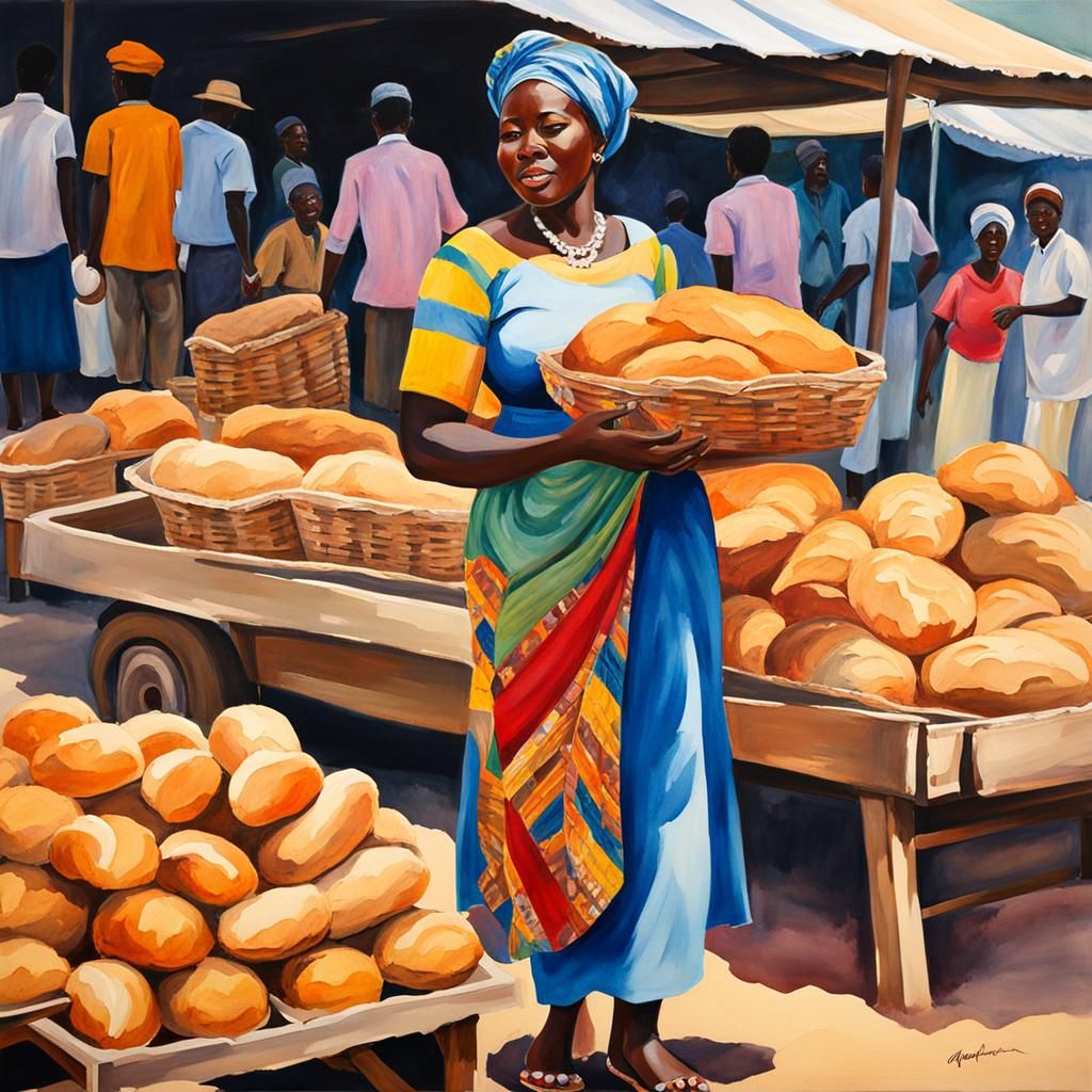 Ghanaian Woman Selling Bread: Gouache Impressionist Style