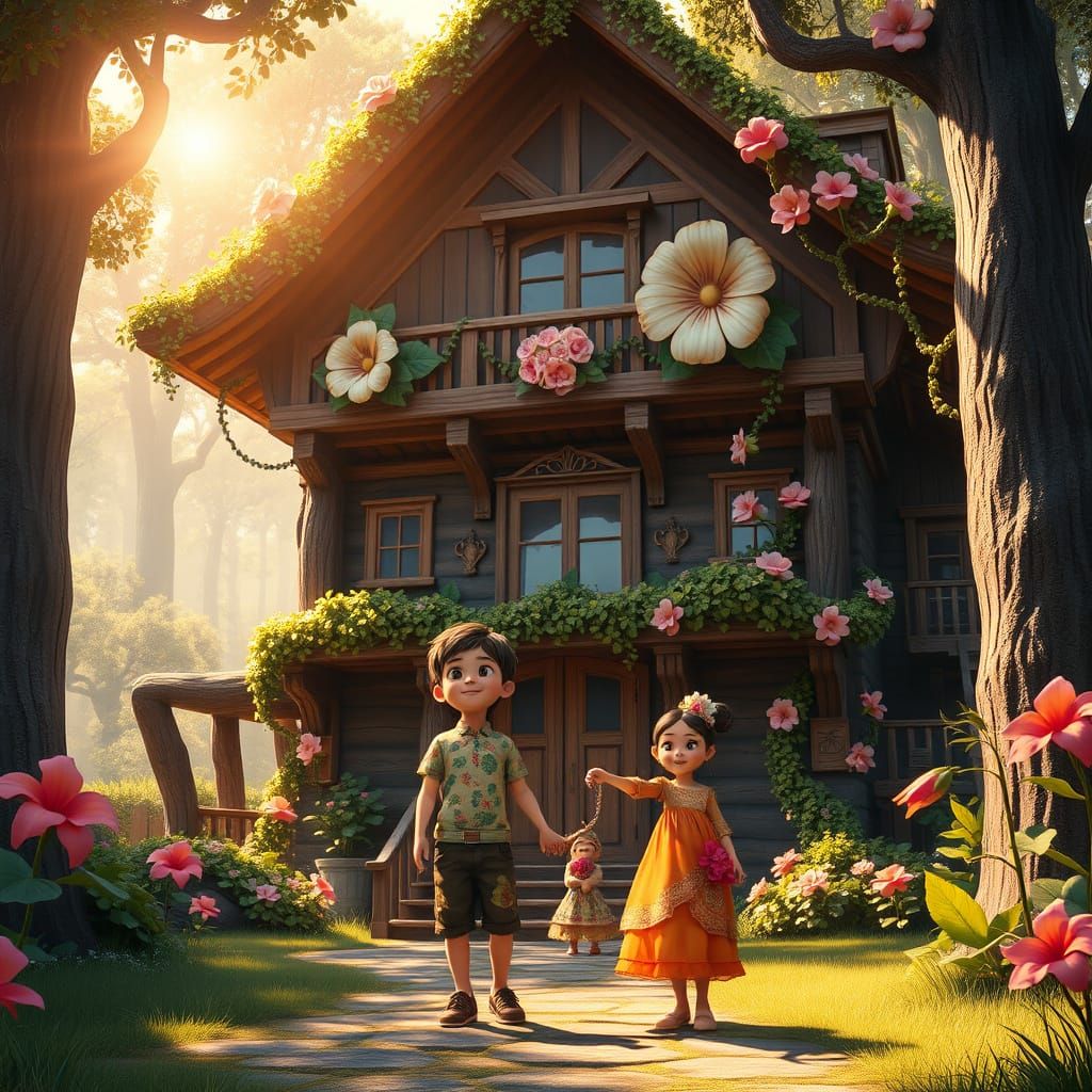 Boy and Girl Stand Before a Whimsical Wooden House in a Fant...
