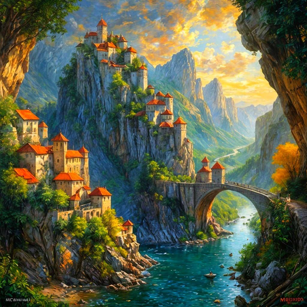 Fantasy Mountain Cityscape at Sunset: Impressionist Painting