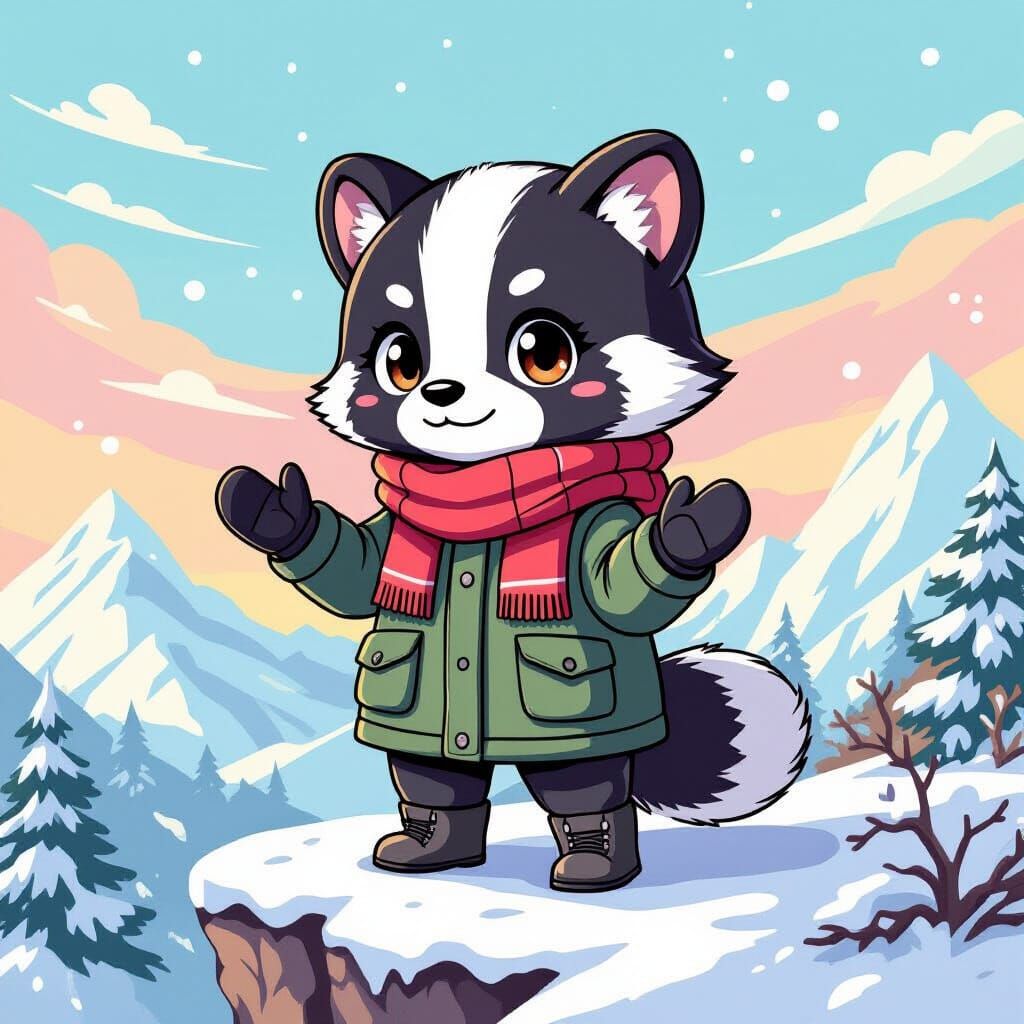 Chibi Ice Badger on Snowy Cliff in Pastel Style