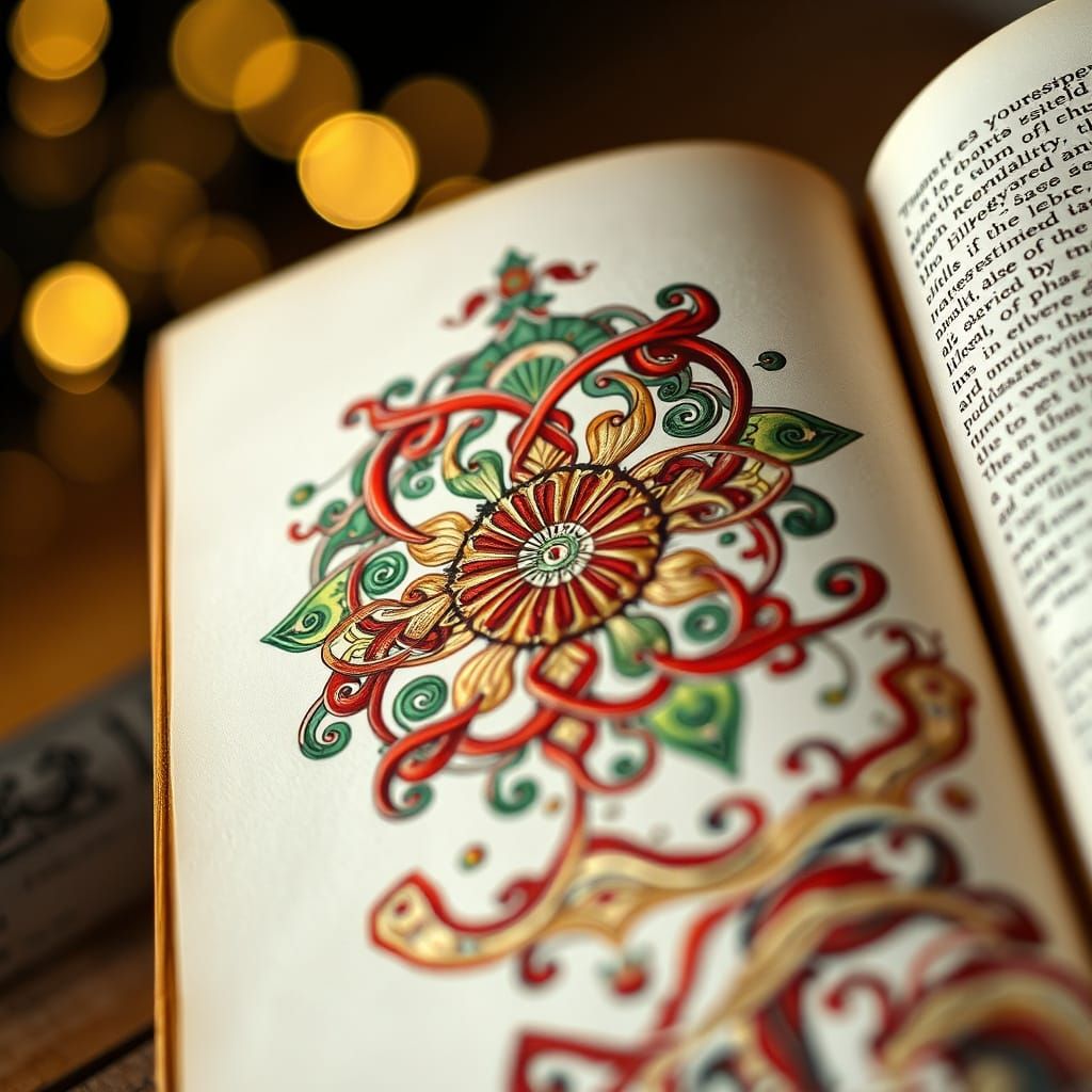 Ancient Illustrated Manuscript Artwork in Red, Green, Gold